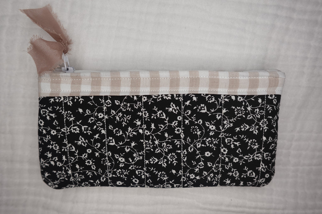 Black Floral Elegant Small Quilted Zipper Pouch
