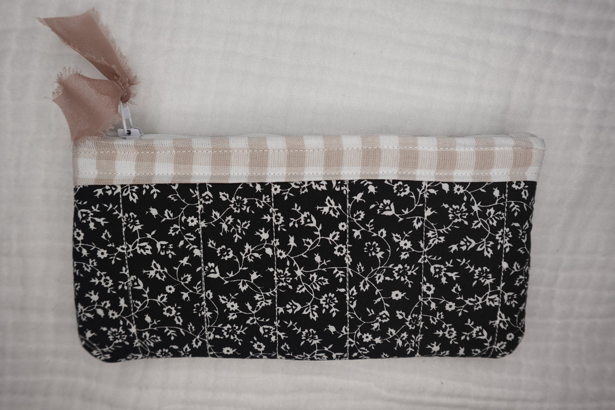 Black Floral Elegant Small Quilted Zipper Pouch