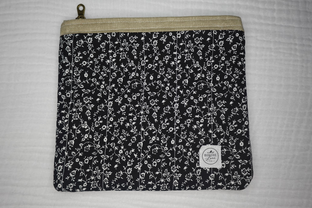 Black Floral Elegant Large Quilted Zipper Pouch