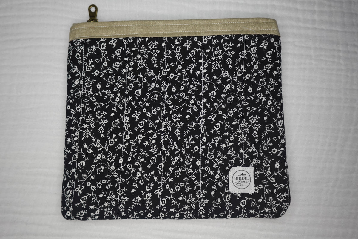 Black Floral Elegant Large Quilted Zipper Pouch