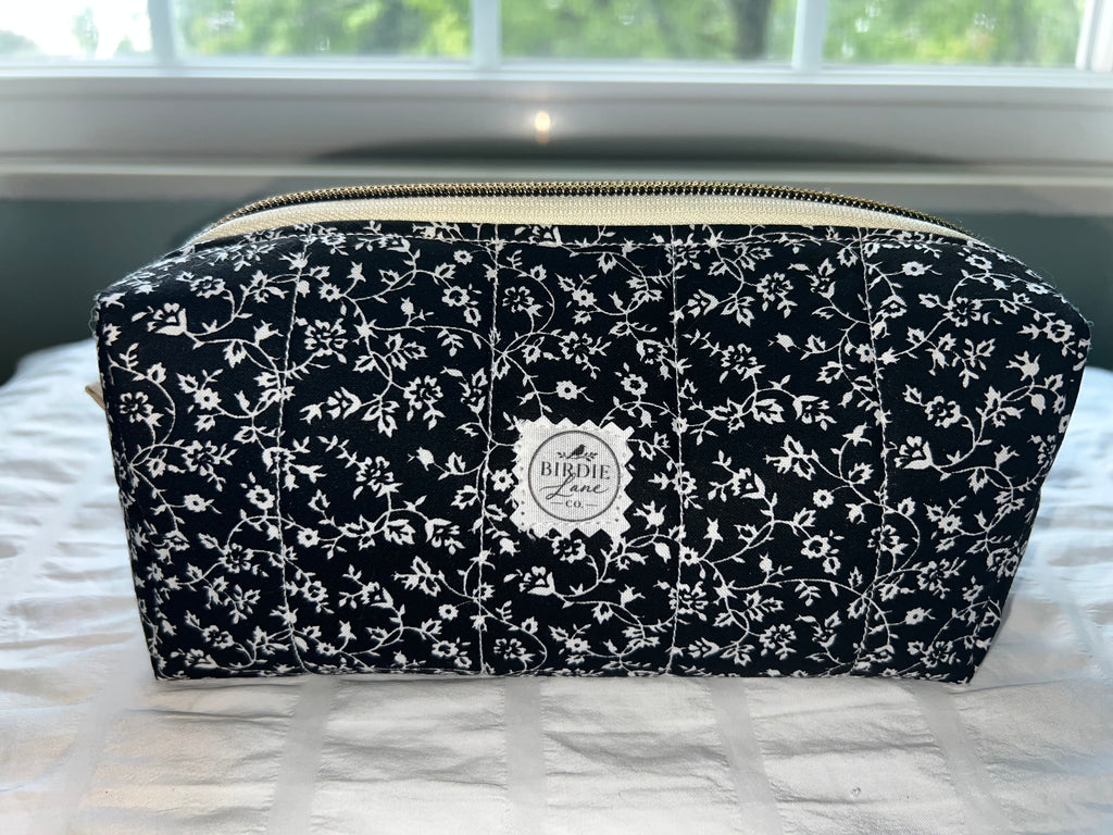 Black Floral Quilted Boxy Pouch