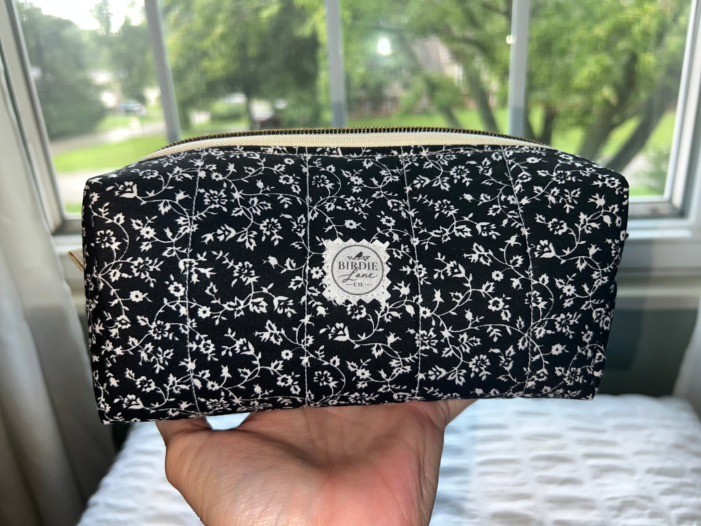 Black Floral Quilted Boxy Pouch