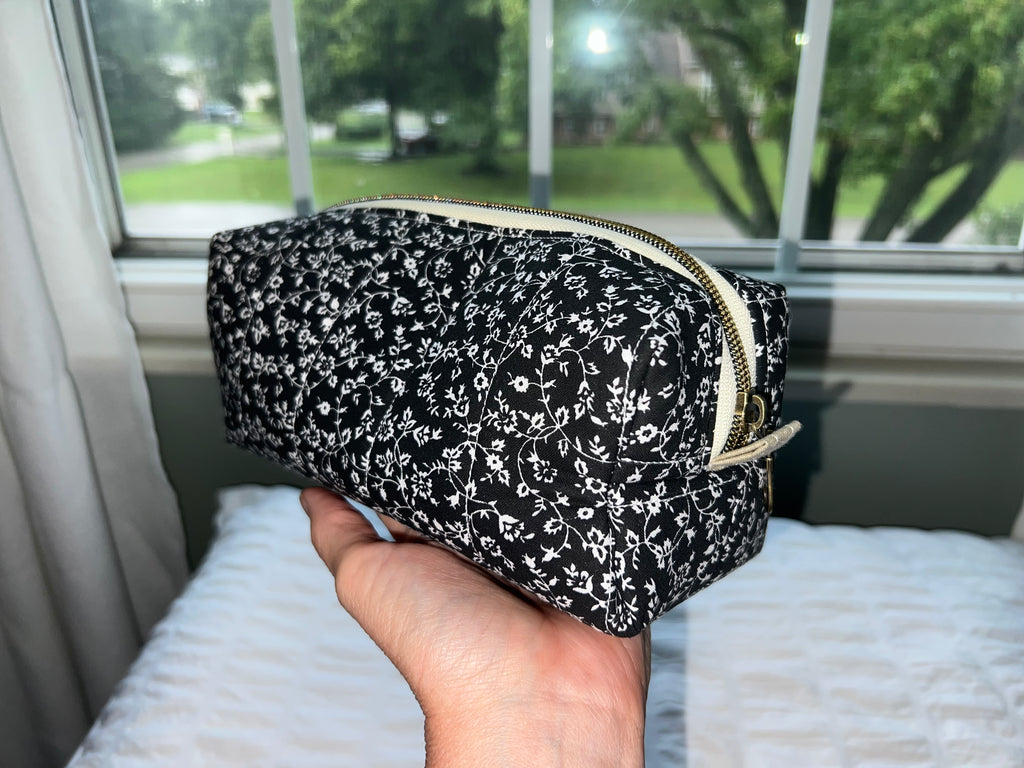 Black Floral Quilted Boxy Pouch