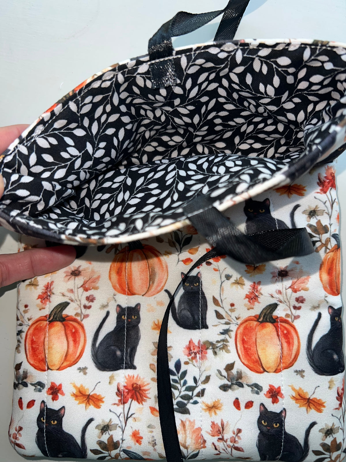 Pumpkin & Purrs Quilted Book Sleeve | Black Cat & Pumpkin Fall Book Cover