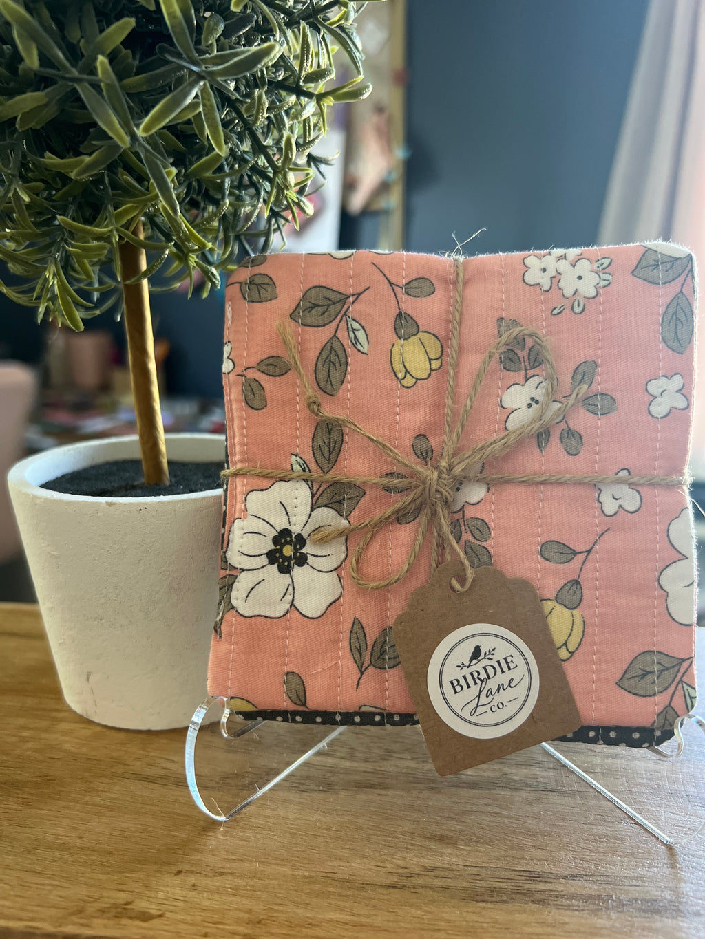 Pink Floral/Gray Polka Dot Fabric Coaster Set