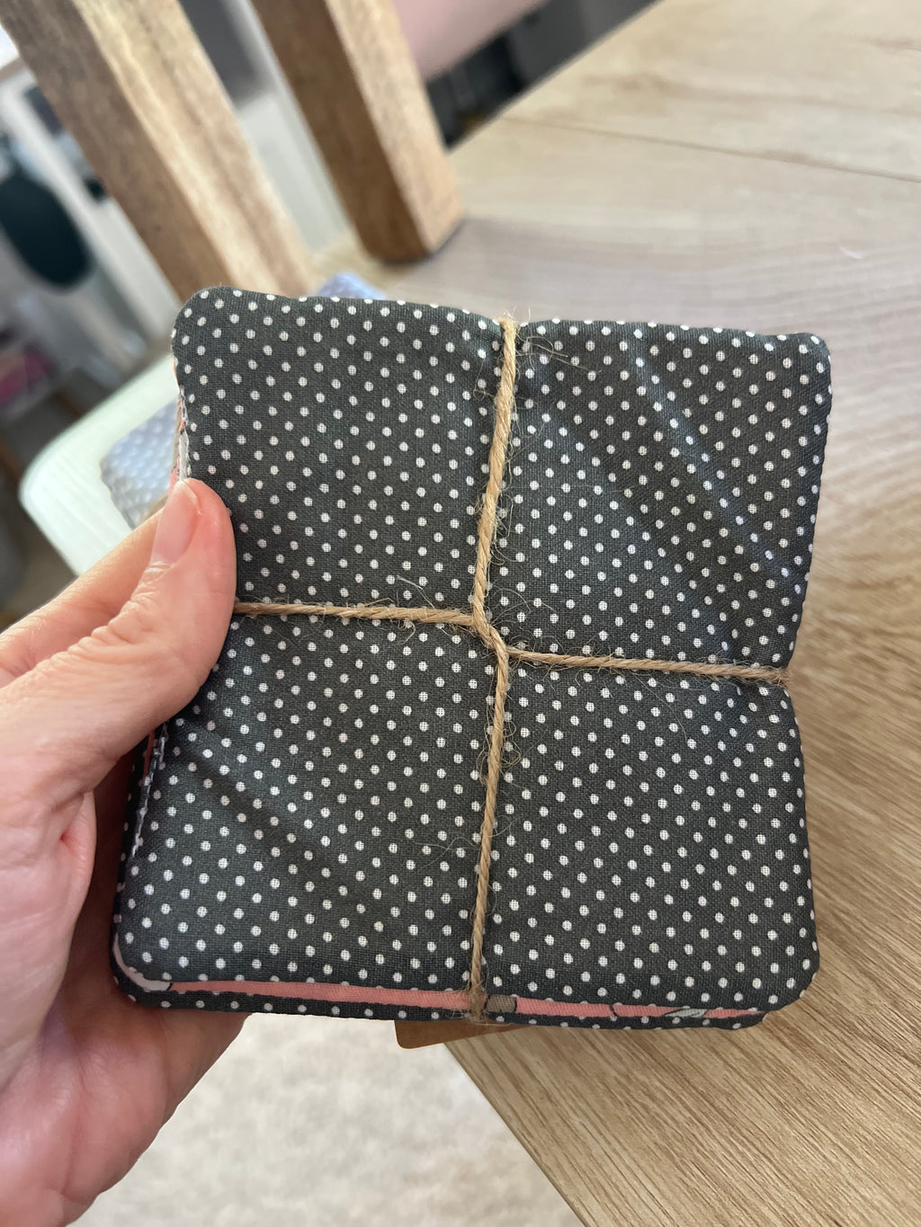 Pink Floral/Gray Polka Dot Fabric Coaster Set