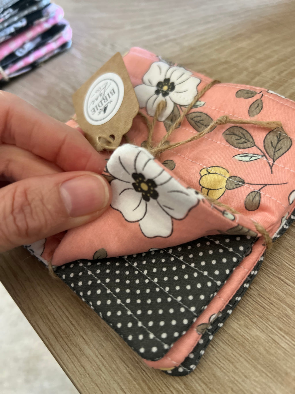 Pink Floral/Gray Polka Dot Fabric Coaster Set