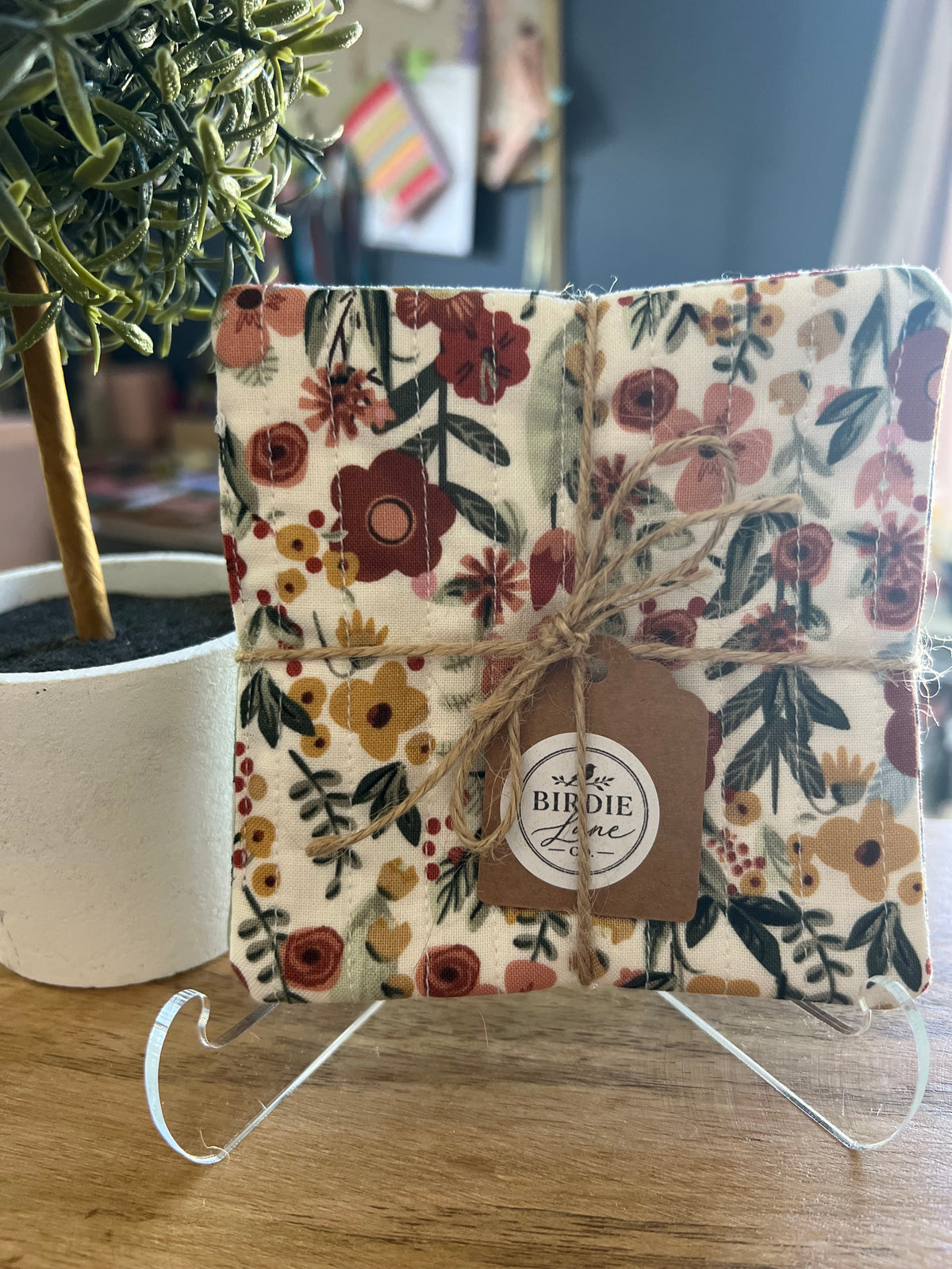 Green/Burgundy Floral Fabric Coaster Set