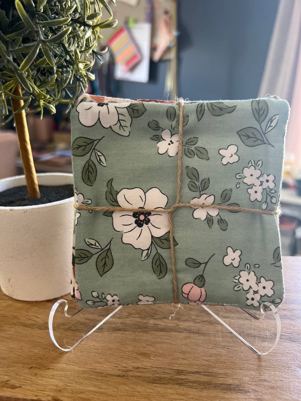 Green/Burgundy Floral Fabric Coaster Set