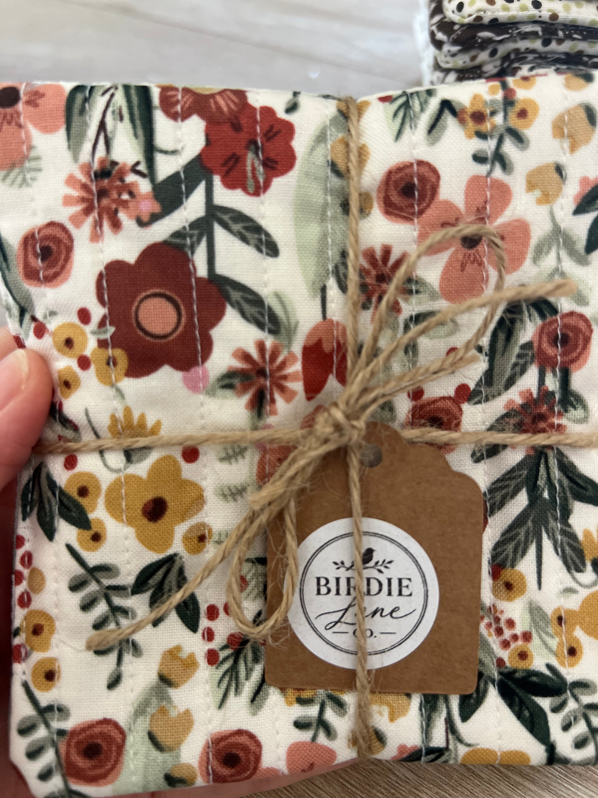 Green/Burgundy Floral Fabric Coaster Set
