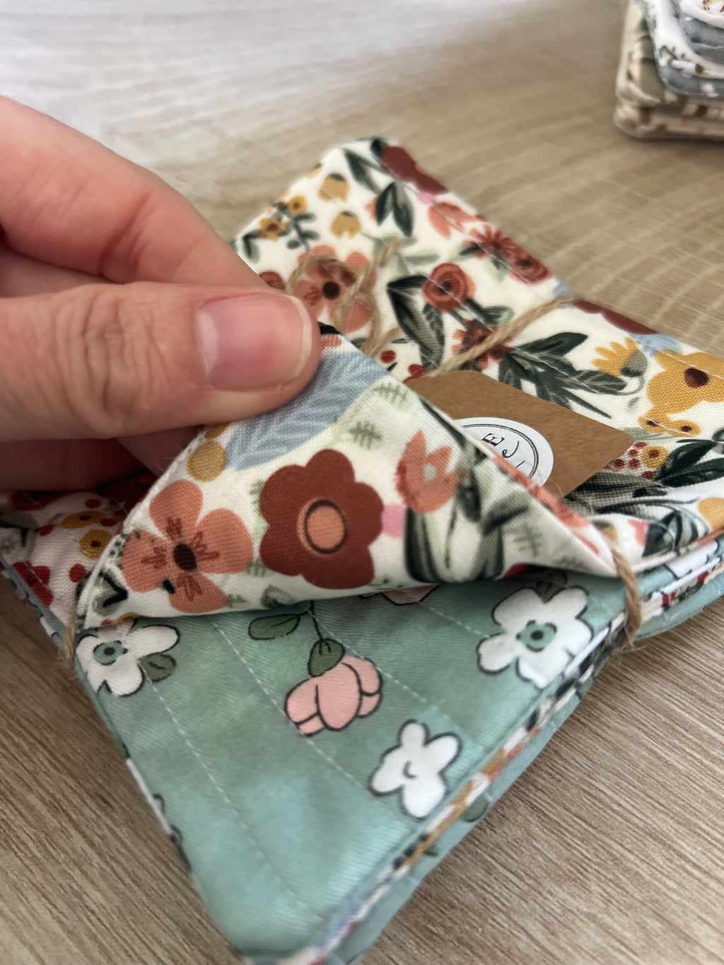 Green/Burgundy Floral Fabric Coaster Set