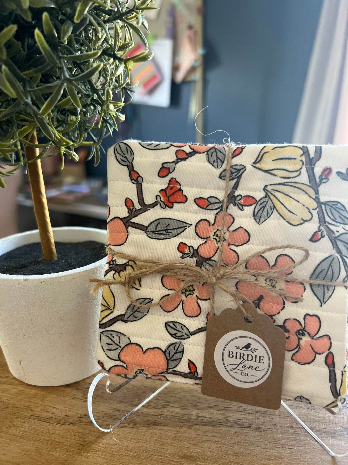 Pink Floral/Gray Polka Dot Fabric Coaster Set