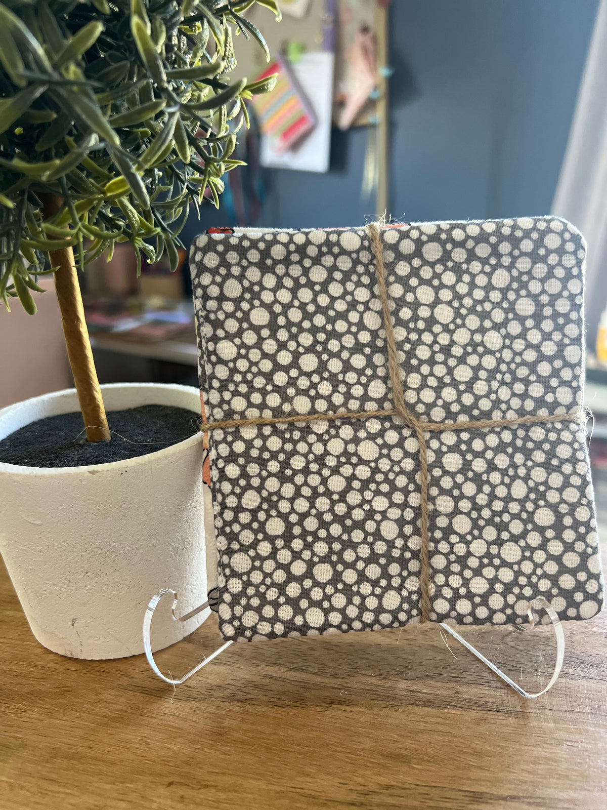 Pink Floral/Gray Polka Dot Fabric Coaster Set