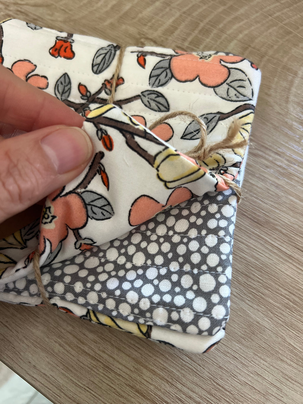 Pink Floral/Gray Polka Dot Fabric Coaster Set