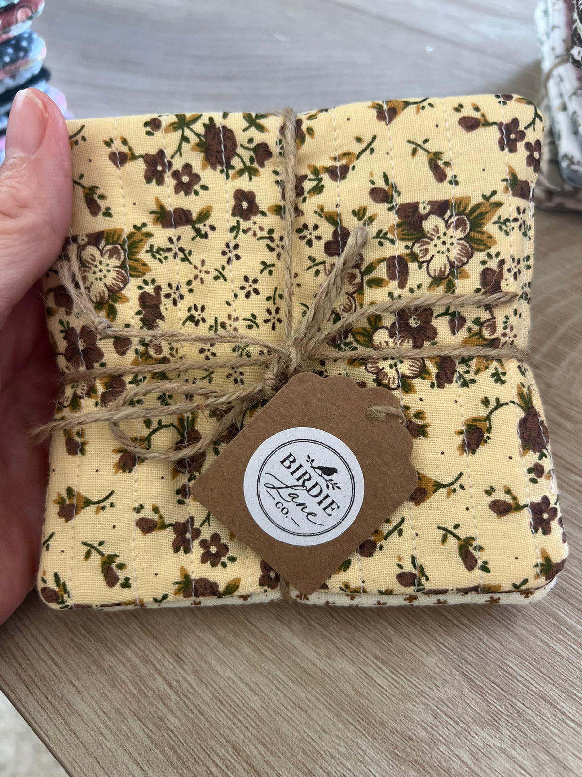 Brown Floral/Cream Star Fabric Coaster Set