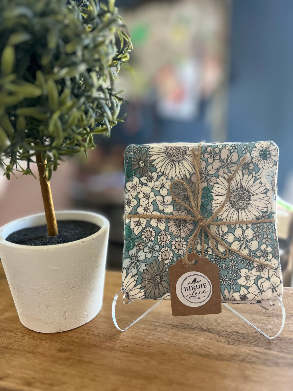 Light Teal/Gray/White Fabric Coaster Set