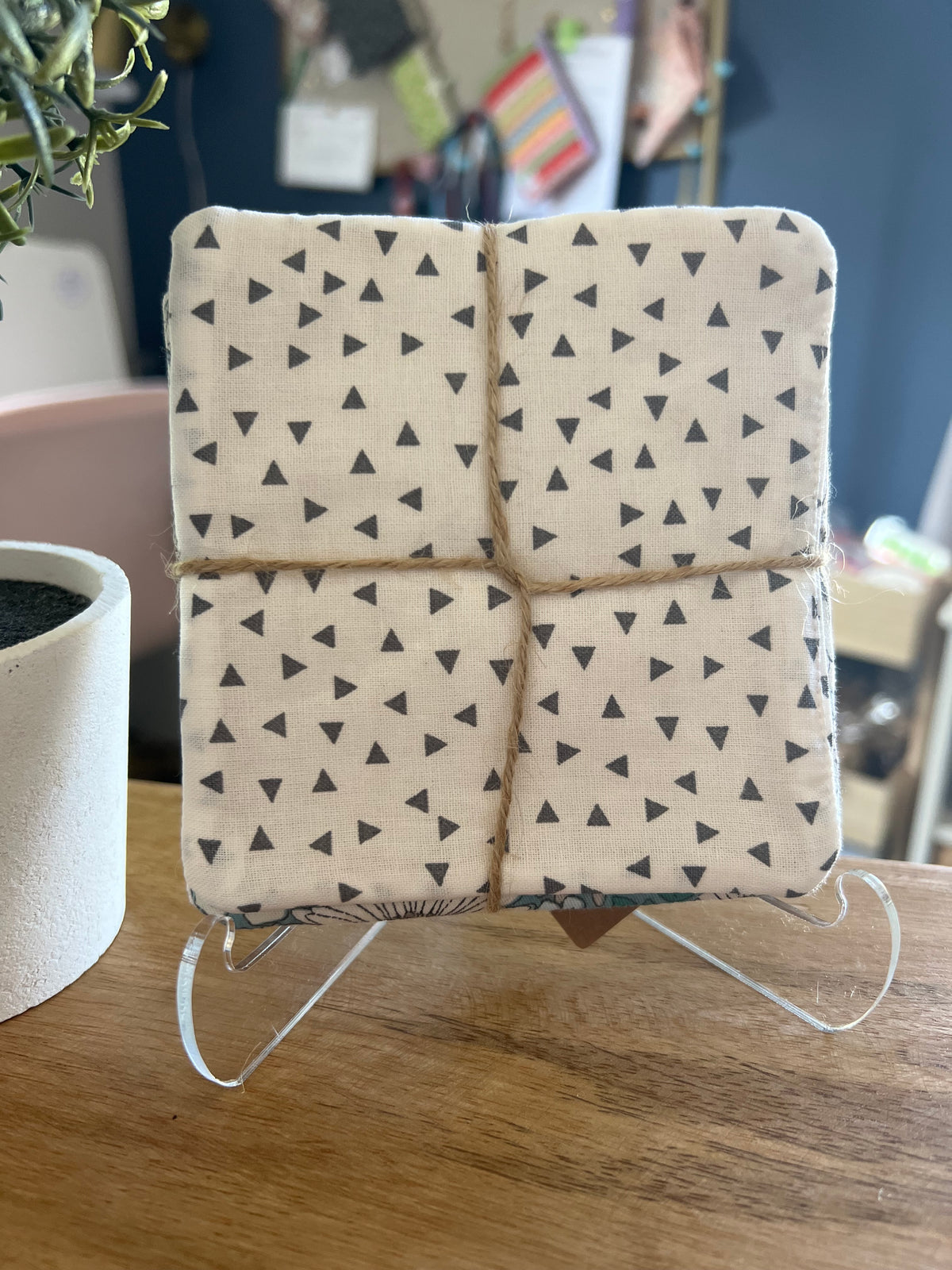 Light Teal/Gray/White Fabric Coaster Set