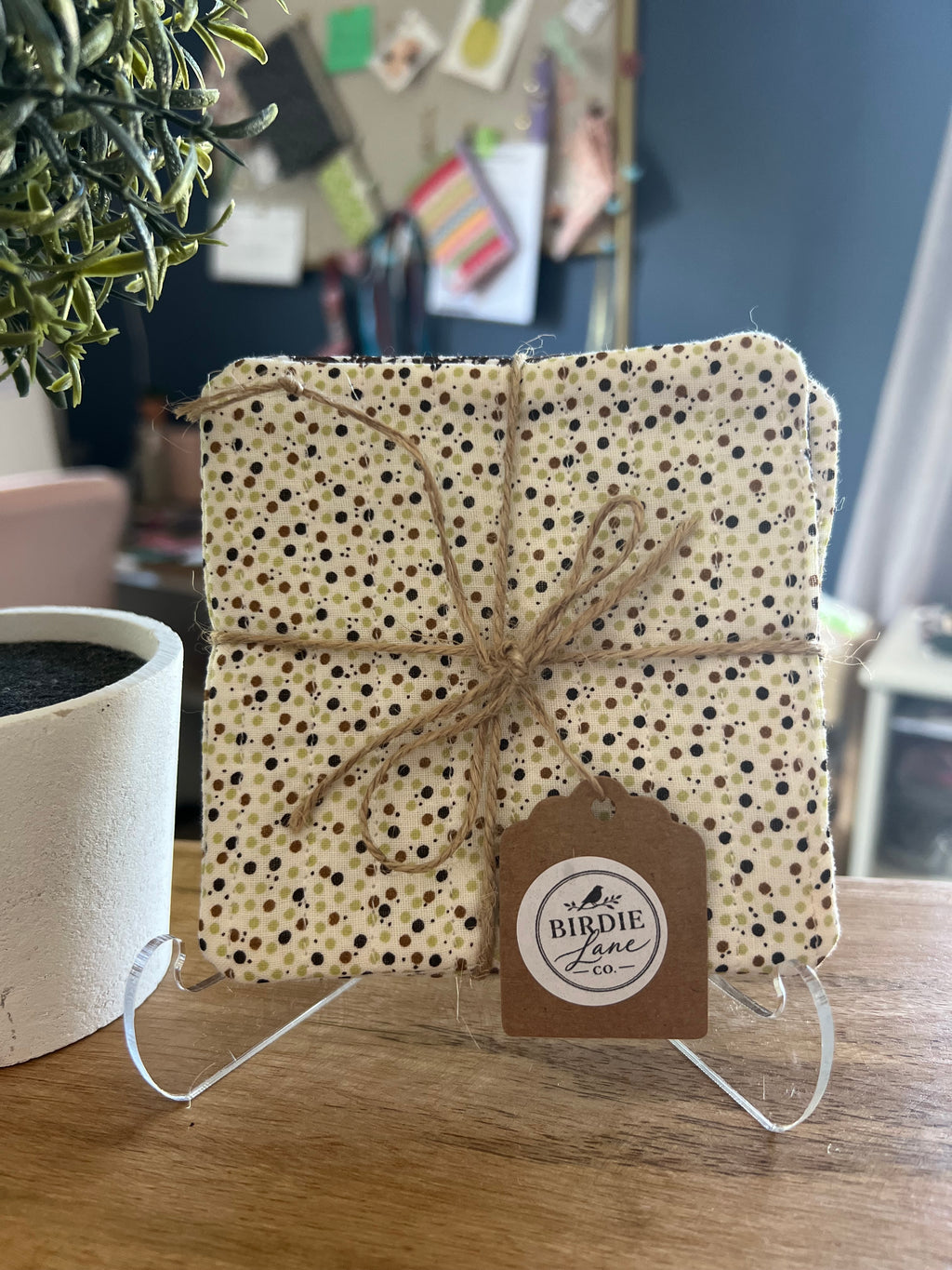 Brown Floral/Cream Polka Dot Fabric Coaster Set