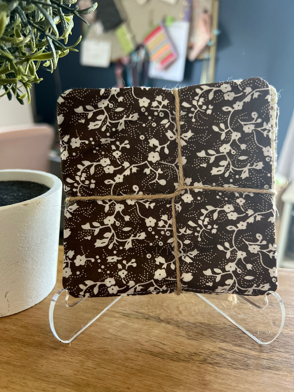 Brown Floral/Cream Polka Dot Fabric Coaster Set