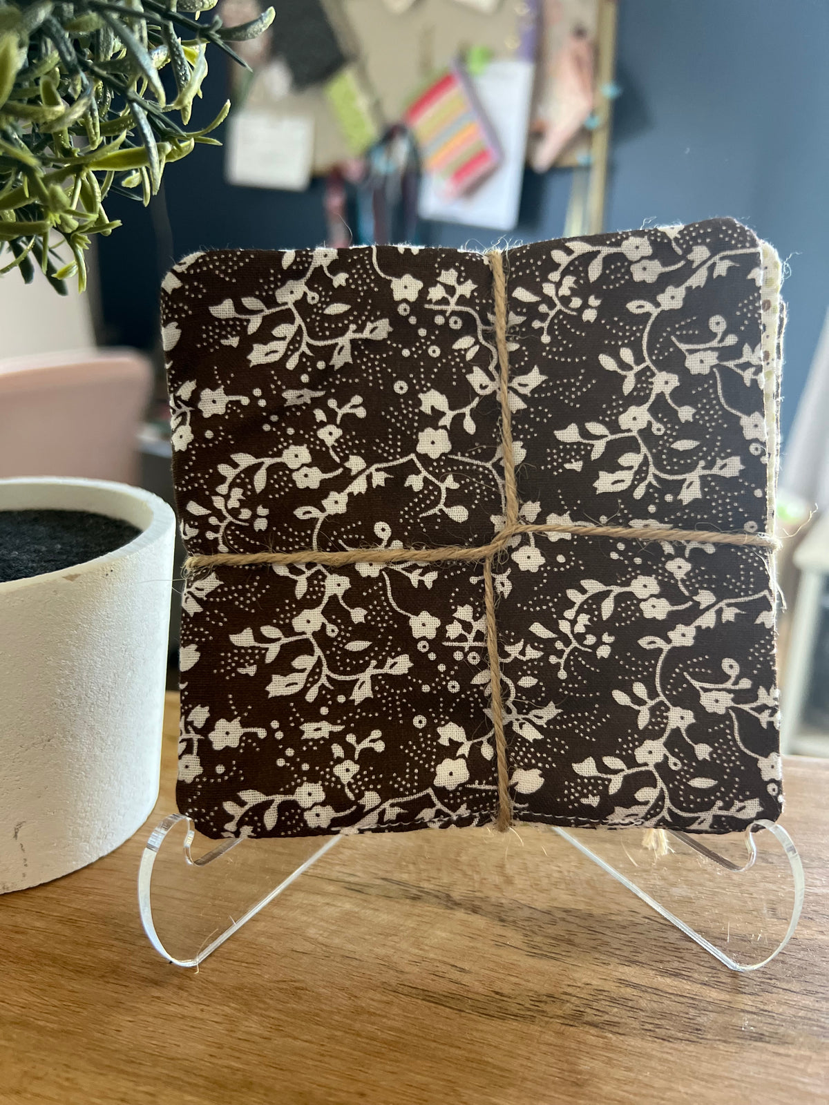 Brown Floral/Cream Polka Dot Fabric Coaster Set