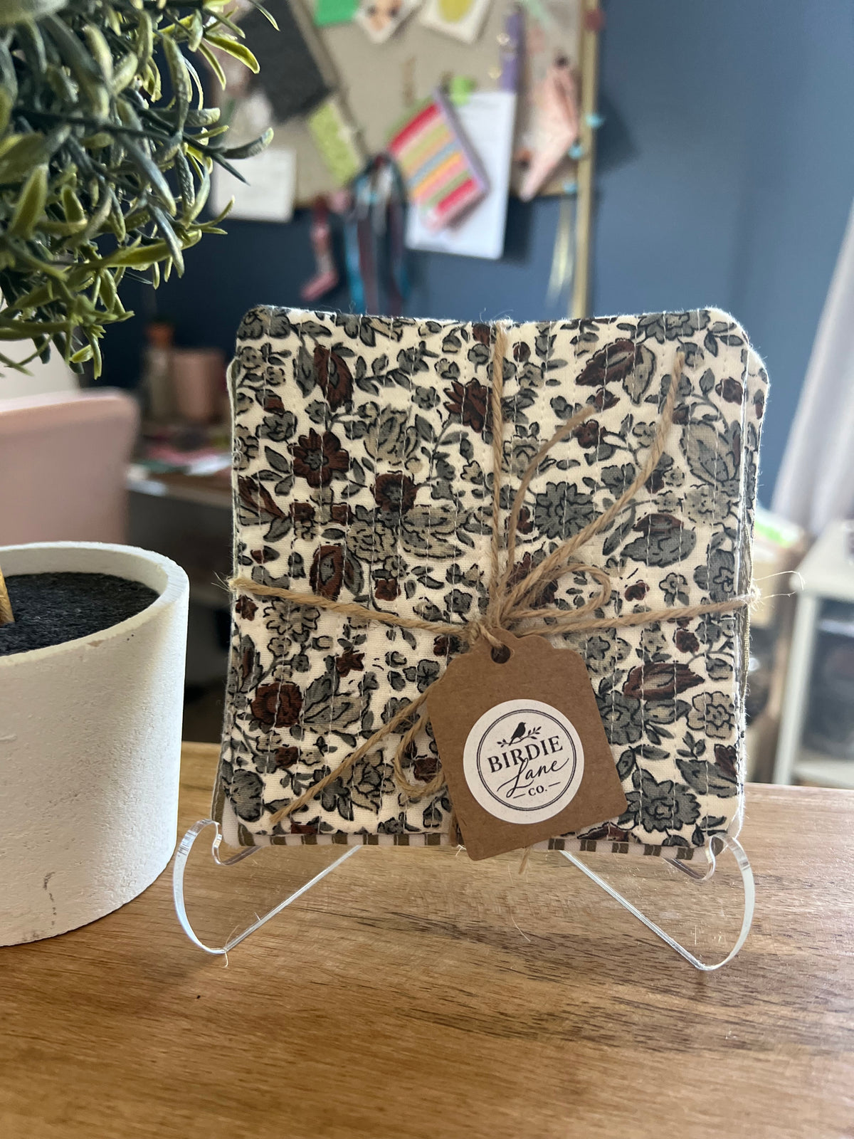 Dark Gray Floral/Taupe Stripe Fabric Coaster Set