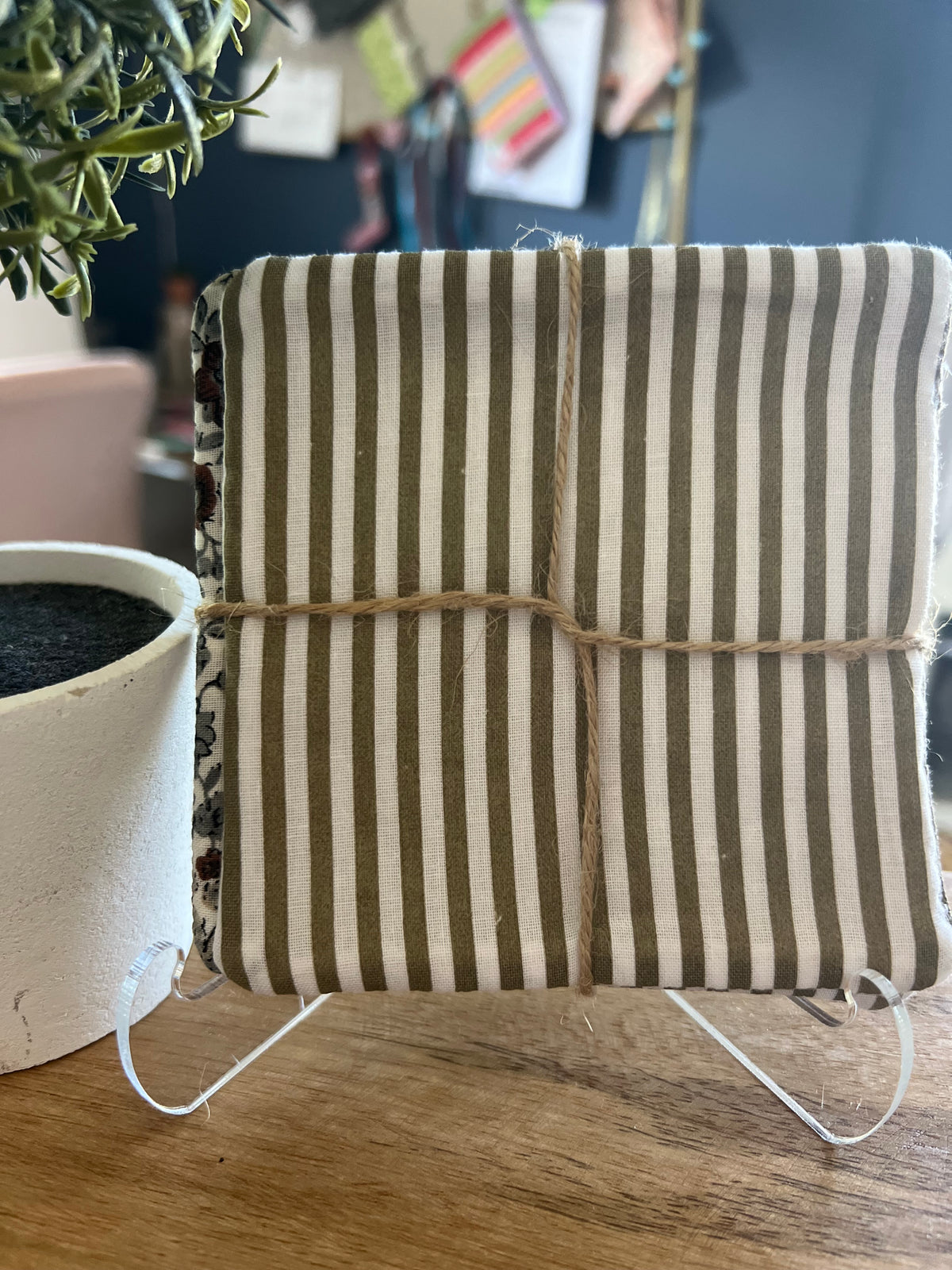 Dark Gray Floral/Taupe Stripe Fabric Coaster Set
