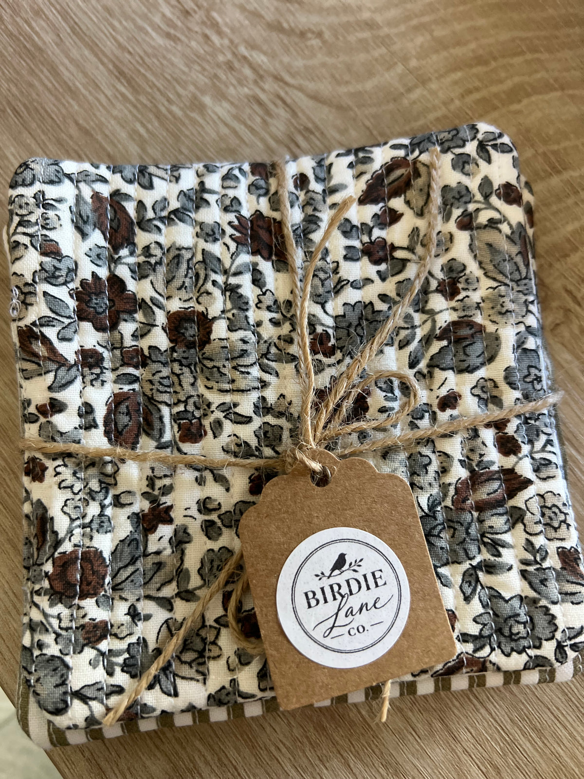 Dark Gray Floral/Taupe Stripe Fabric Coaster Set