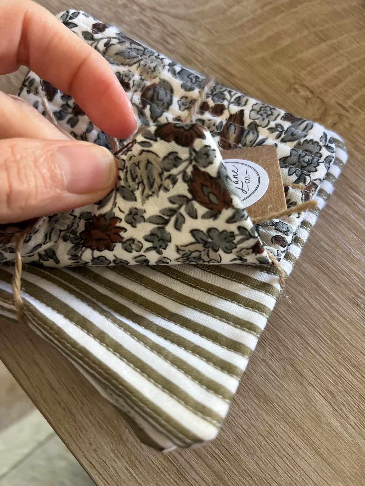 Dark Gray Floral/Taupe Stripe Fabric Coaster Set