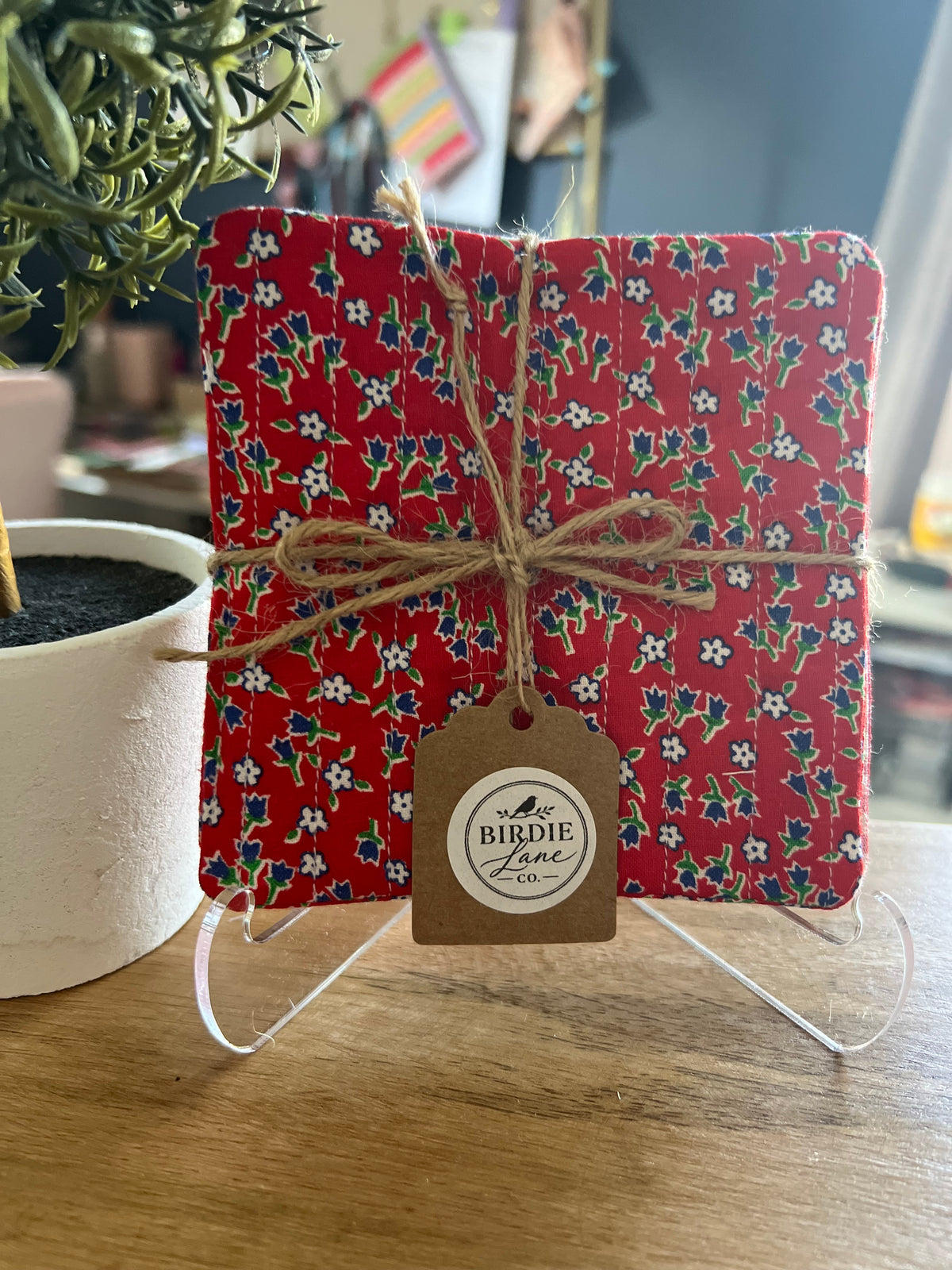 Blue Floral/Red Gingham Fabric Coaster Set