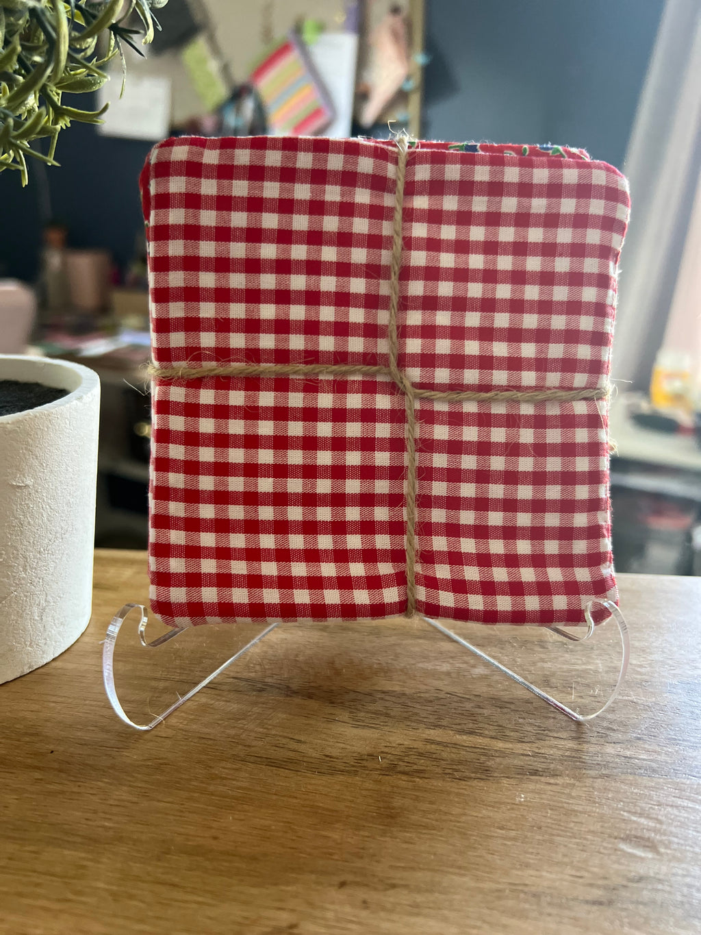 Blue Floral/Red Gingham Fabric Coaster Set