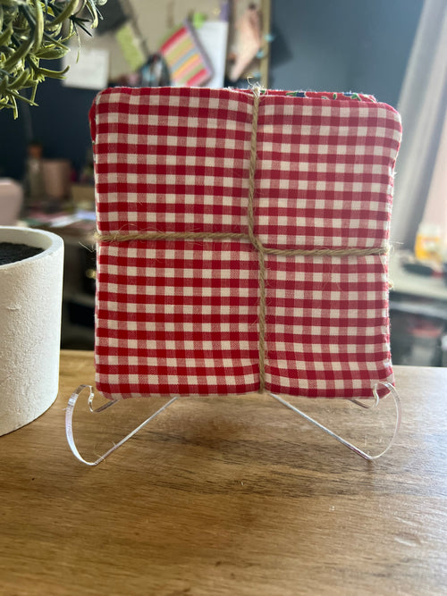 Blue Floral/Red Gingham Fabric Coaster Set