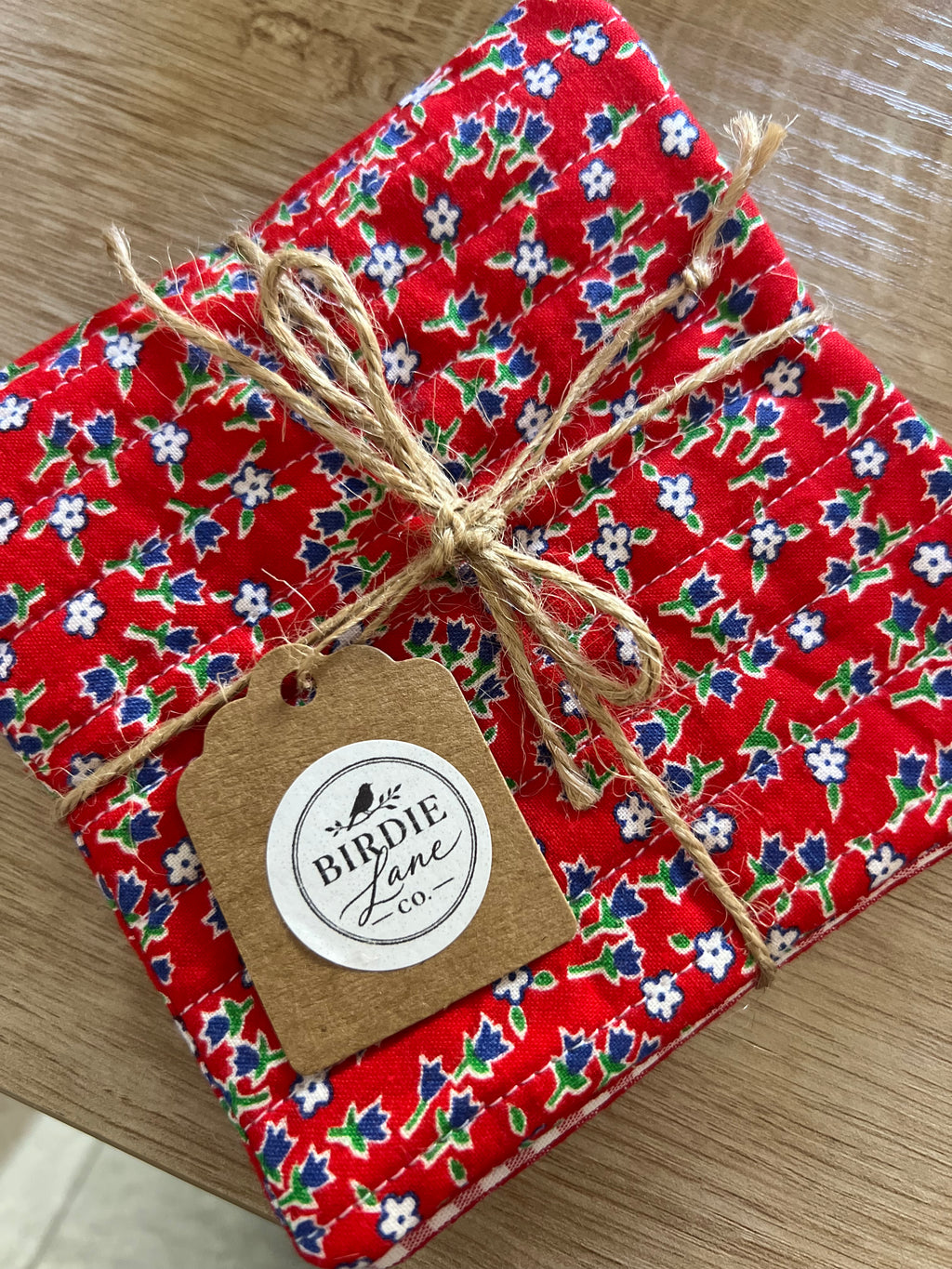Blue Floral/Red Gingham Fabric Coaster Set