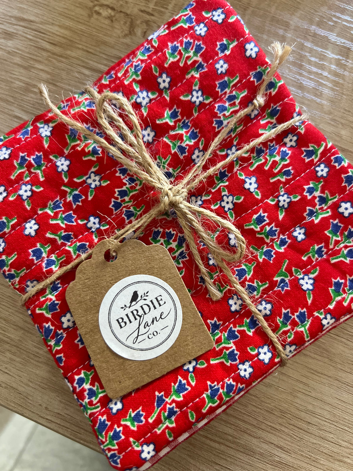 Blue Floral/Red Gingham Fabric Coaster Set