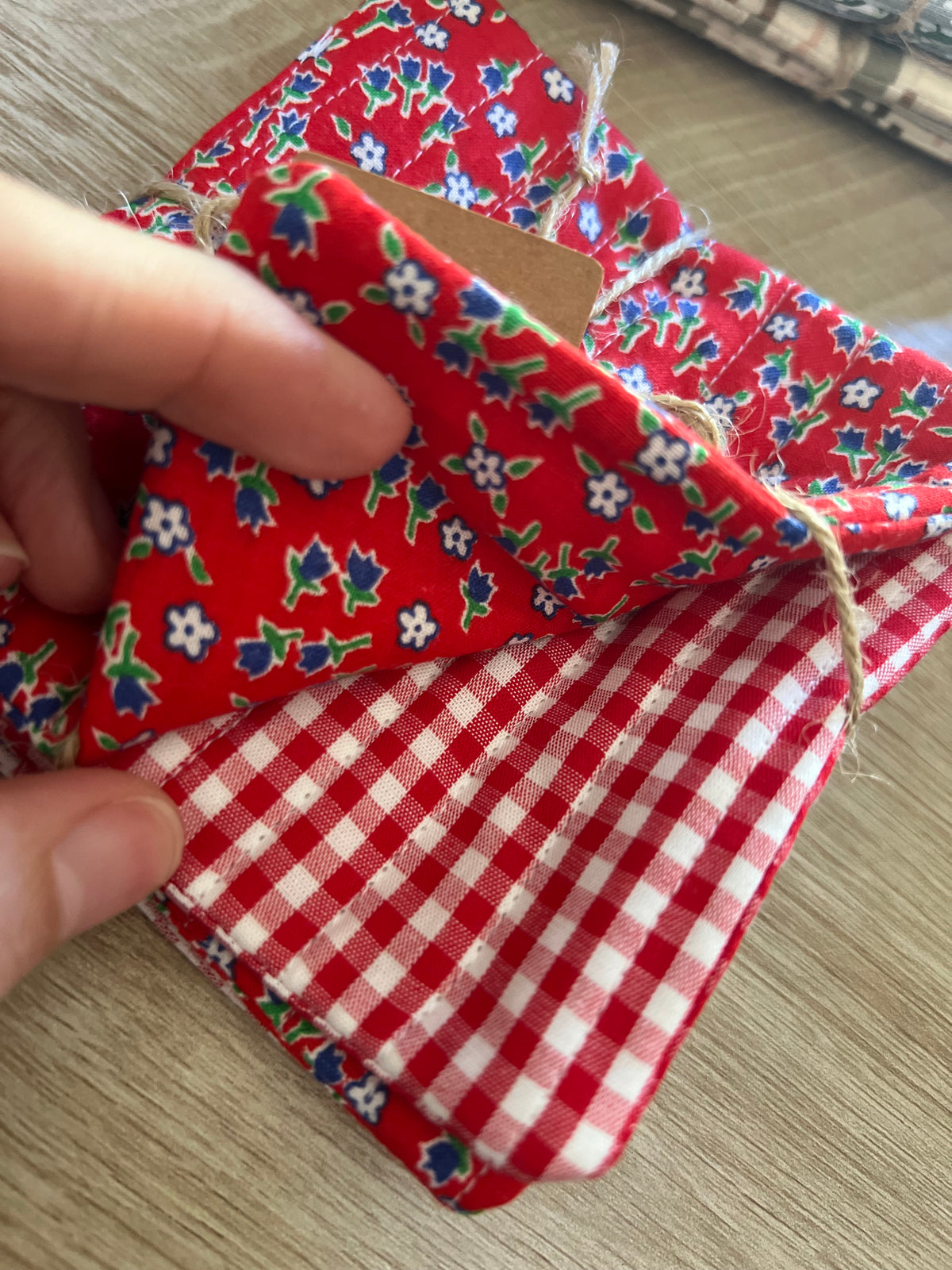 Blue Floral/Red Gingham Fabric Coaster Set