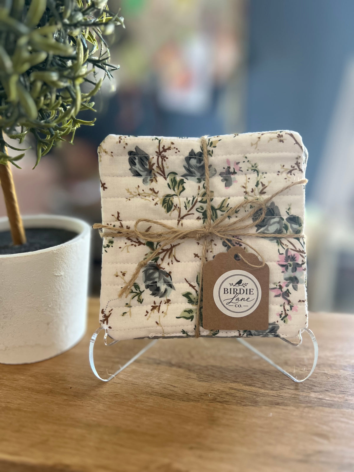 Gray Floral/White Polka Dot Fabric Coaster Set