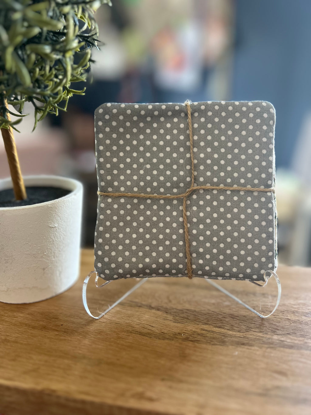 Gray Floral/White Polka Dot Fabric Coaster Set