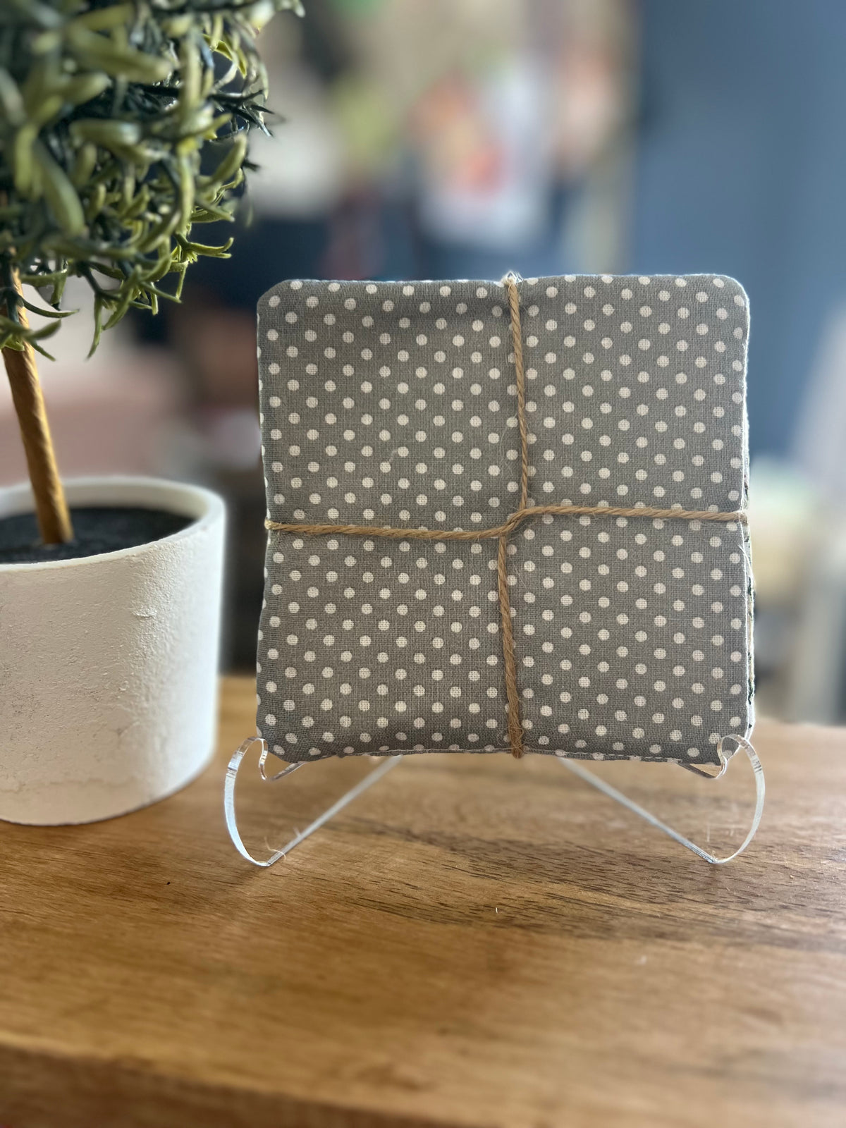 Gray Floral/White Polka Dot Fabric Coaster Set