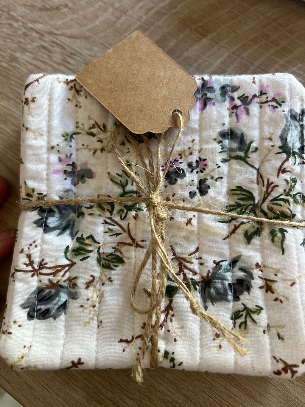 Gray Floral/White Polka Dot Fabric Coaster Set