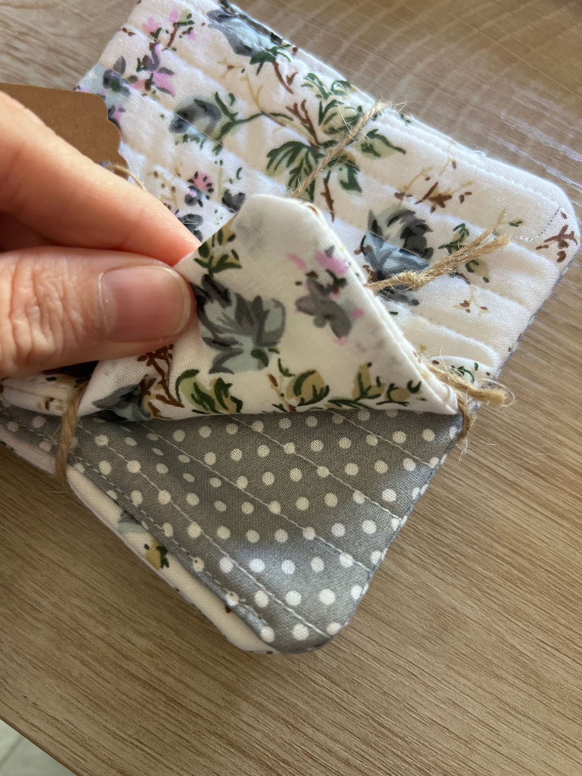 Gray Floral/White Polka Dot Fabric Coaster Set