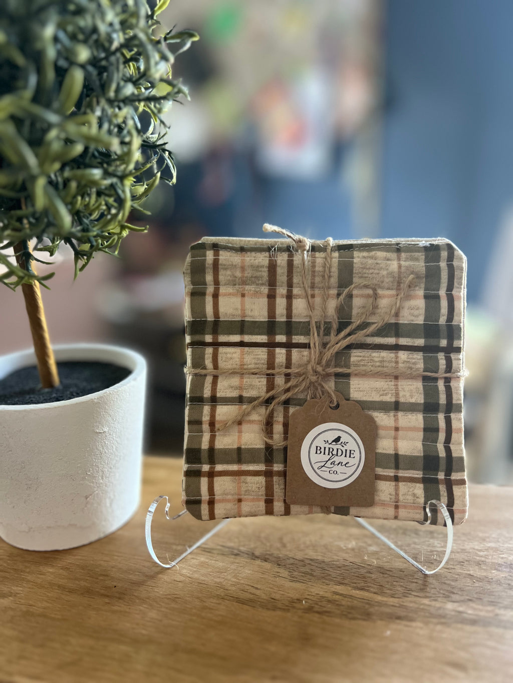 Brown/Tan Plaid Fabric Coaster Set