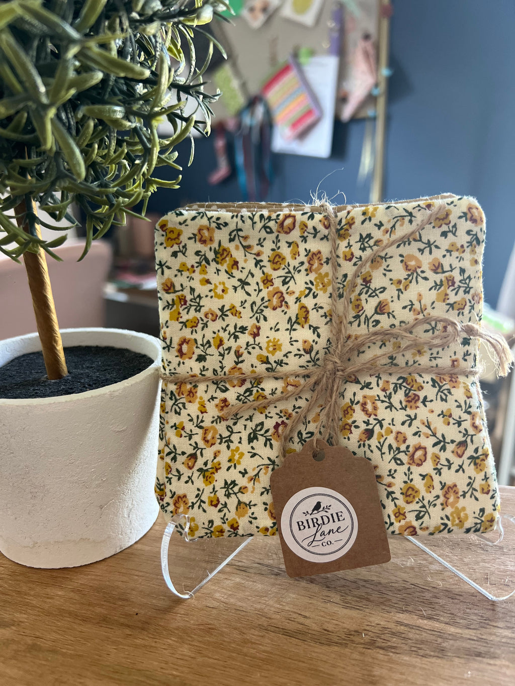 Yellow Floral/Tan and White Polka Dot Fabric Coaster Set