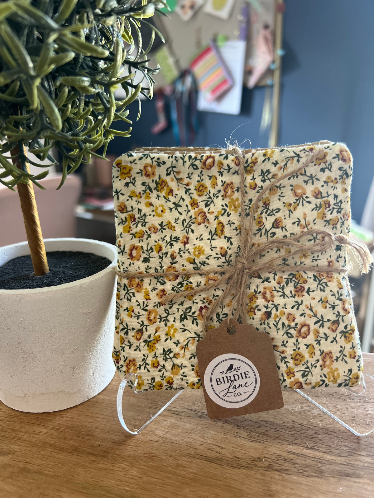 Yellow Floral/Tan and White Polka Dot Fabric Coaster Set