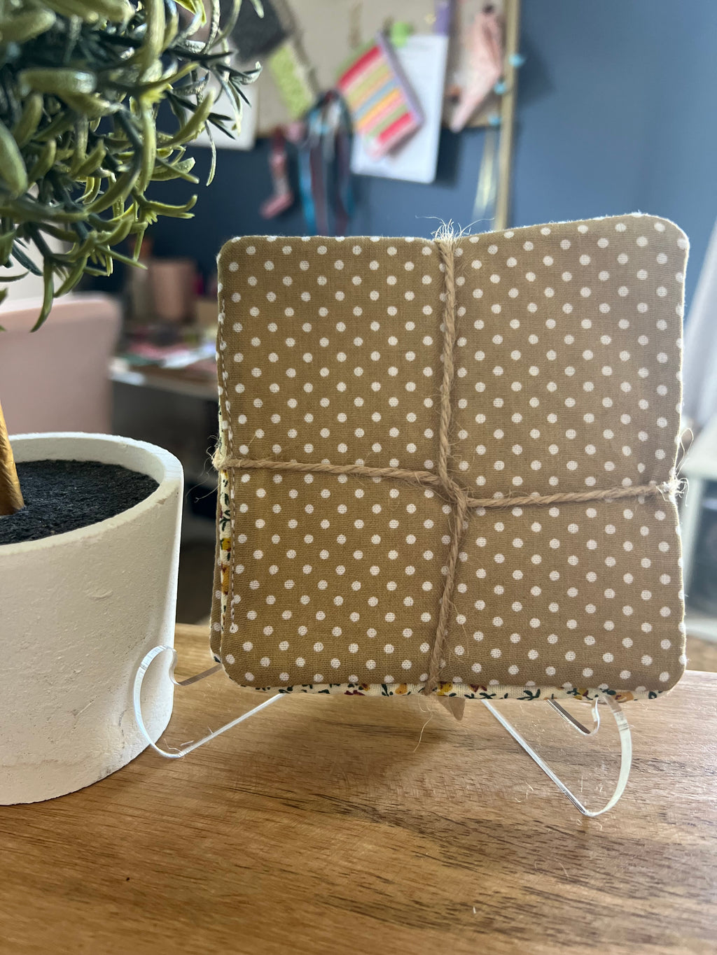 Yellow Floral/Tan and White Polka Dot Fabric Coaster Set