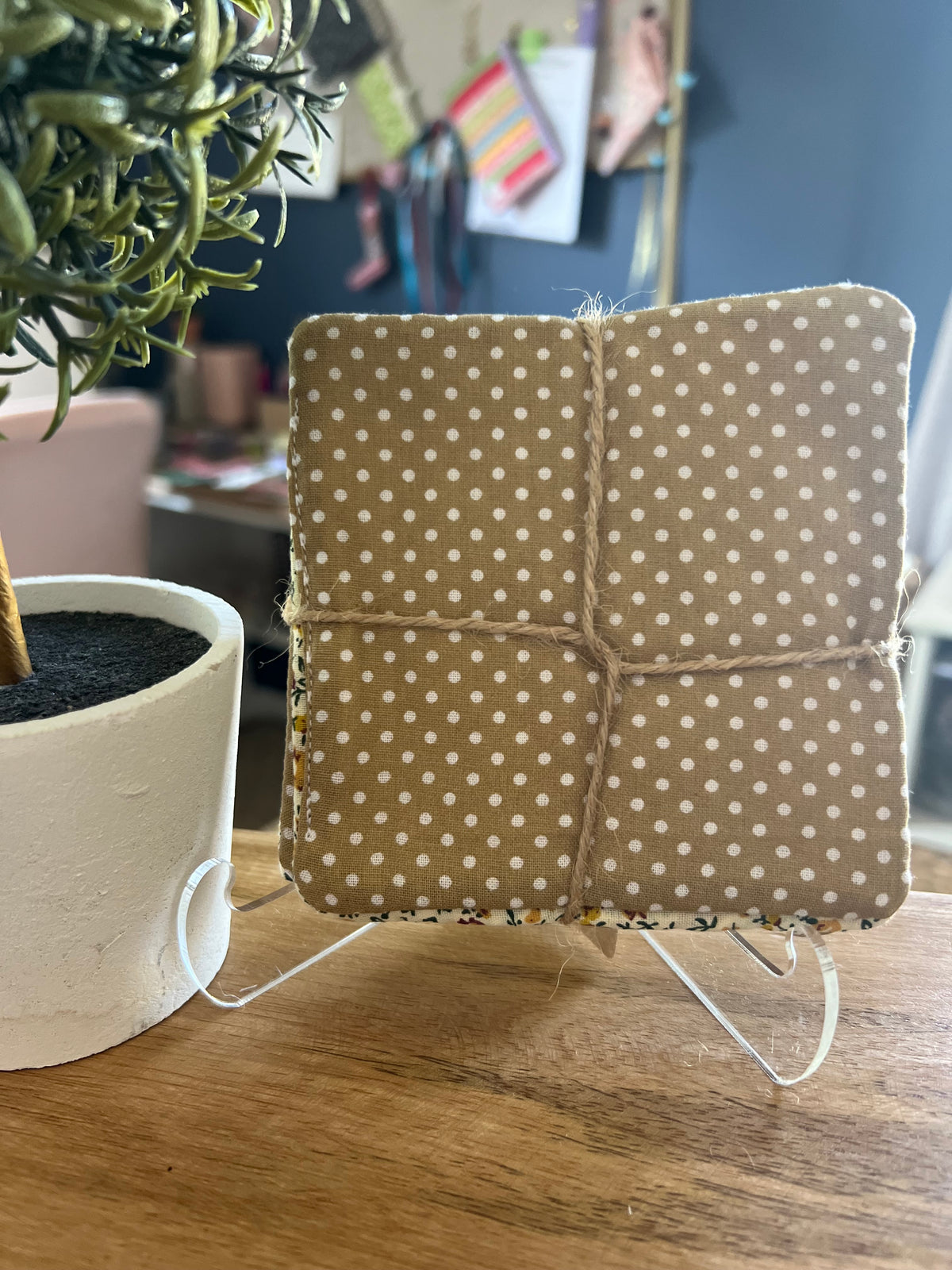 Yellow Floral/Tan and White Polka Dot Fabric Coaster Set