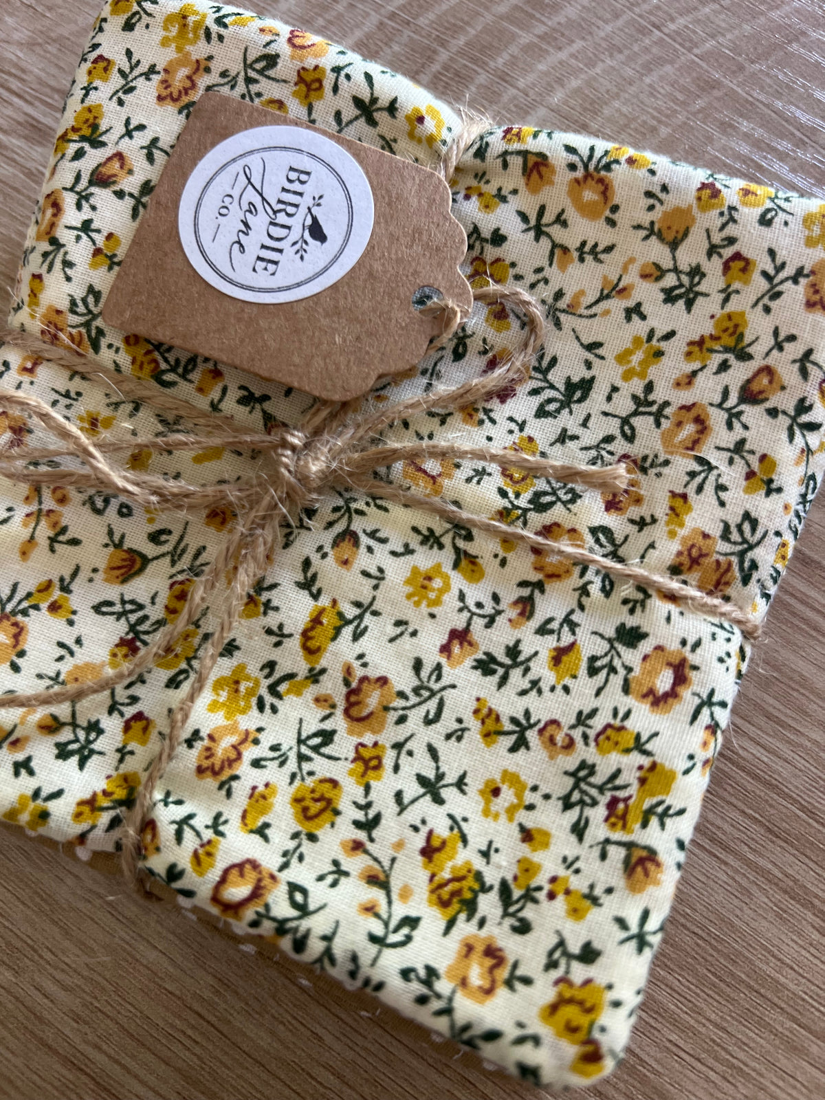 Yellow Floral/Tan and White Polka Dot Fabric Coaster Set