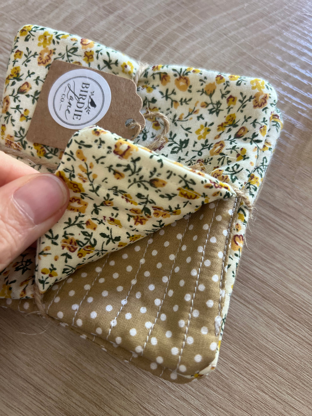 Yellow Floral/Tan and White Polka Dot Fabric Coaster Set