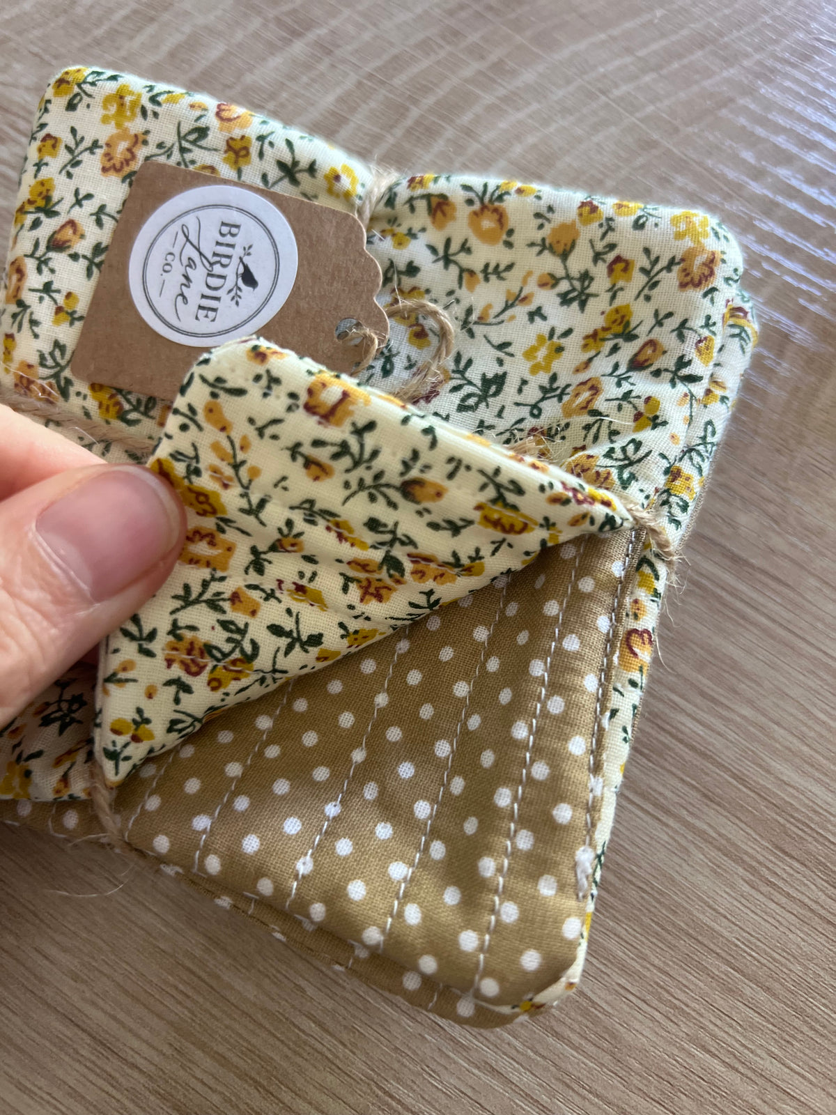Yellow Floral/Tan and White Polka Dot Fabric Coaster Set