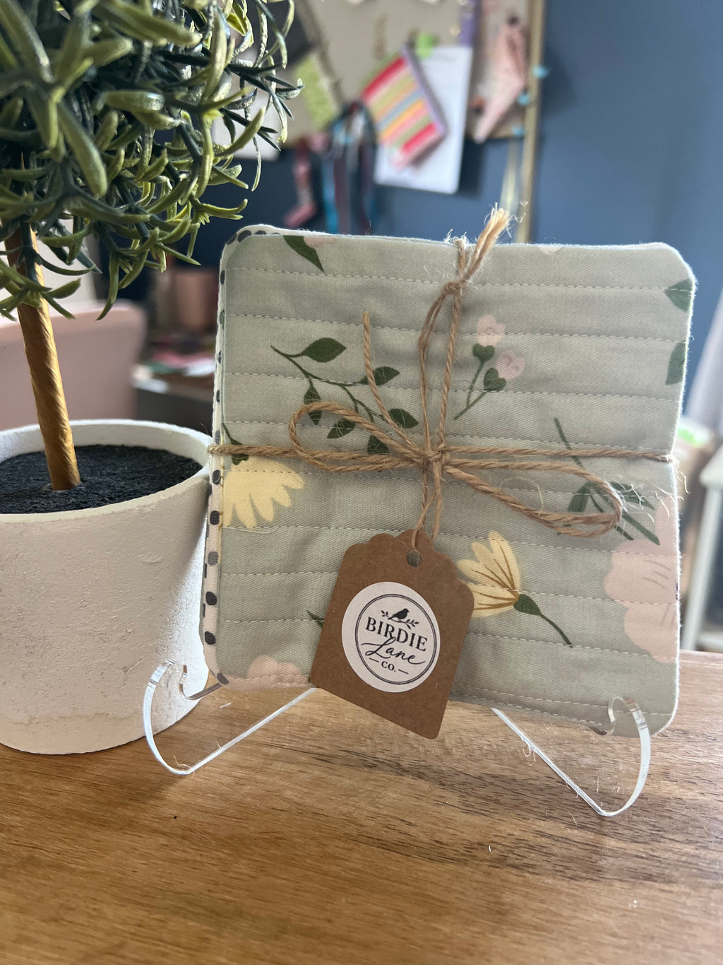 Light Green Floral/Gray and White Polka Dot Fabric Coaster Set