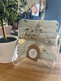 Light Green Floral/Gray and White Polka Dot Fabric Coaster Set
