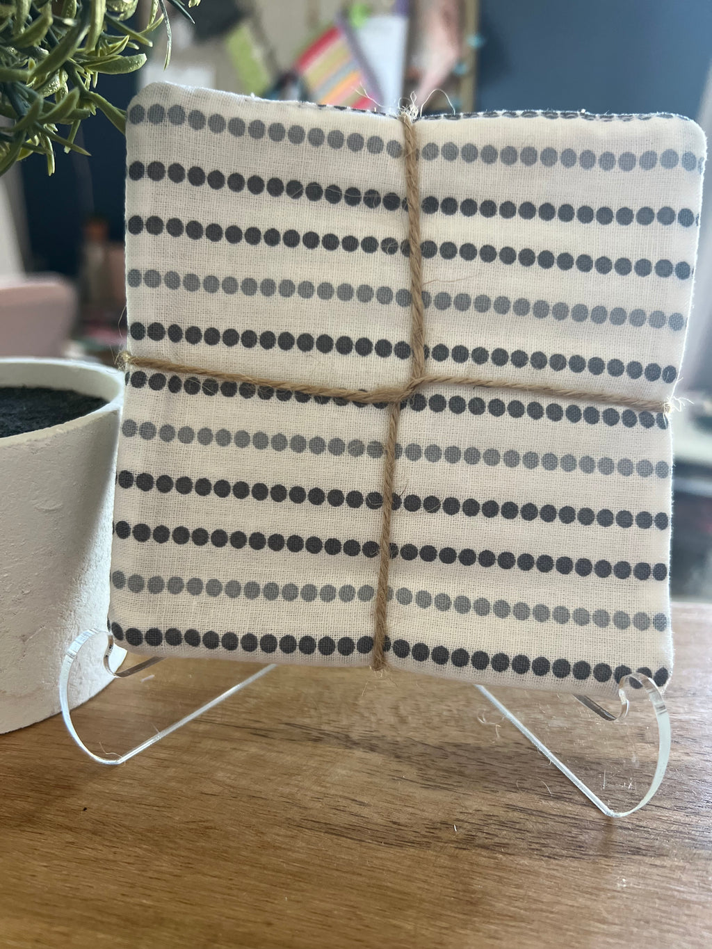 Light Green Floral/Gray and White Polka Dot Fabric Coaster Set